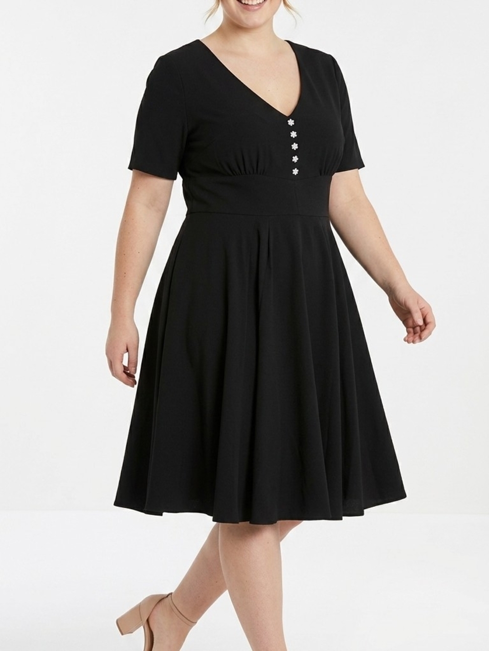 Hell Bunny Black V-Neck Midi Dress with Flower Buttons